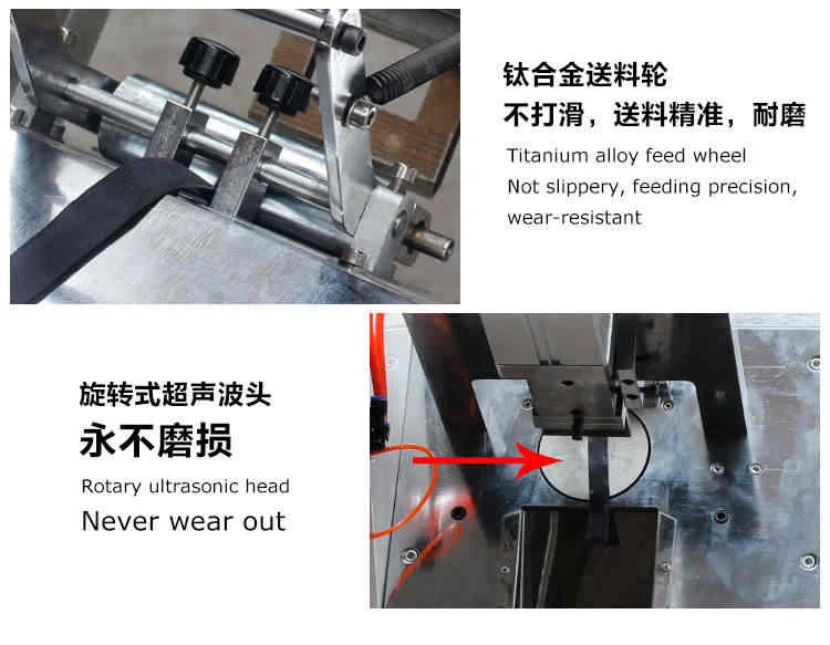 Mesin pemotong pita lubang penebuk ultrasonik, Mesin pemotong label fabrik ultrasonik, mesin pemotong reben satin